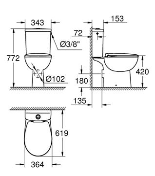 GROHE BAU CERAMIC WC kombi, so SoftClose sedadlom, Rimless splachovanie, zadný odpad, Dual-Flush, bočné napúšťanie, alpská biela 39347000 Technický nákres