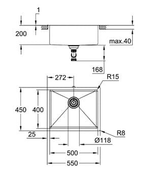 GROHE K700 nerezový drez 540x440 mm, brúsený cool sunrise 31574GN1 Technický nákres