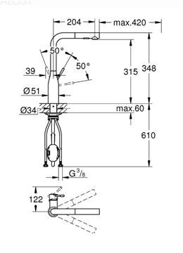 GROHE ESSENCE NEW drezová batéria, s vyťahovacou sprškou, brúsený warm sunset 30270DL0 Technický nákres