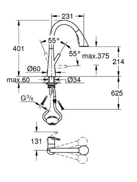 GROHE ZEDRA drezová batéria, s vyťahovacou sprškou, supersteel 32294DC2 Technický nákres
