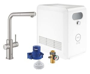 GROHE BLUE PROFESSIONAL drezové elektronická batéria, s vyťahovacou koncovkou, s filtračným a chladiacim zariadením, Bluetooth, napájanie zo siete, supersteel