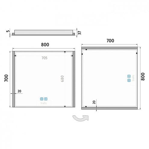 NIMCO ZP 11000 zrkadlo 80x70 cm, reverzibilné, s osvetlením, s reguláciou stmievania a teploty svetla, s dvoma senzormi ZP 11003VX Technický nákres