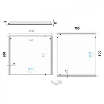 NIMCO ZP 11000 zrkadlo 80x70 cm, reverzibilné, s osvetlením, s reguláciou stmievania a teploty svetla, s dvoma senzormi ZP 11003VX Technický nákres