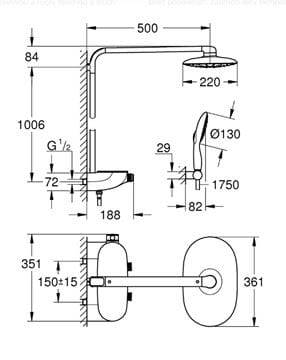 GROHE RAINSHOWER SYSTEM SMARTCONTROL MONO 360 sprchový set s termostatickou batériou, horná sprcha, ručná sprcha so 4 prúdmi, tyč, hadica, chróm 26361000 Technický nákres