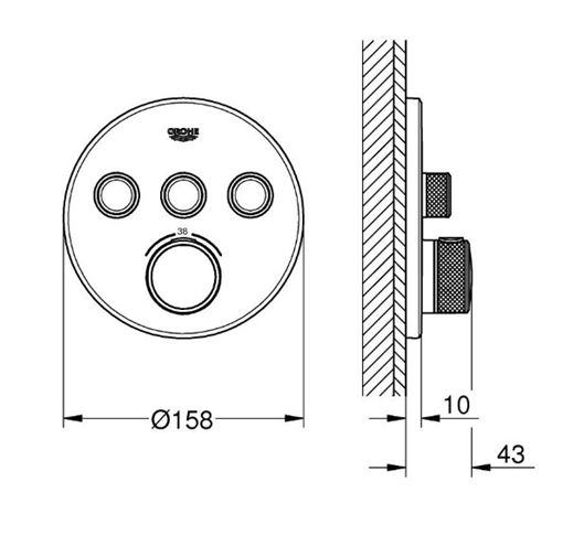 GROHE GROHTHERM SMARTCONTROL podomietková termostatická batéria, pre 3 spotrebiče, Water Saving, hard graphite 29121A00 Technický nákres