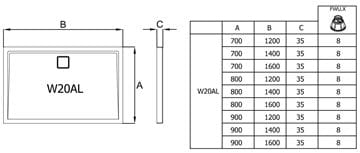 RONAL LIVADA W20AL sprchová vanička 80x160 cm, liaty mramor, bez nožičiek W20AL 080 160 04 Technický nákres