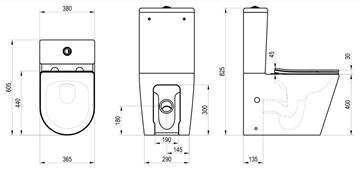 RAVAK WC kombi Elegant, so SoftClose sedadlom, RimOff splachovanie, vario odpad X01872 Technický nákres