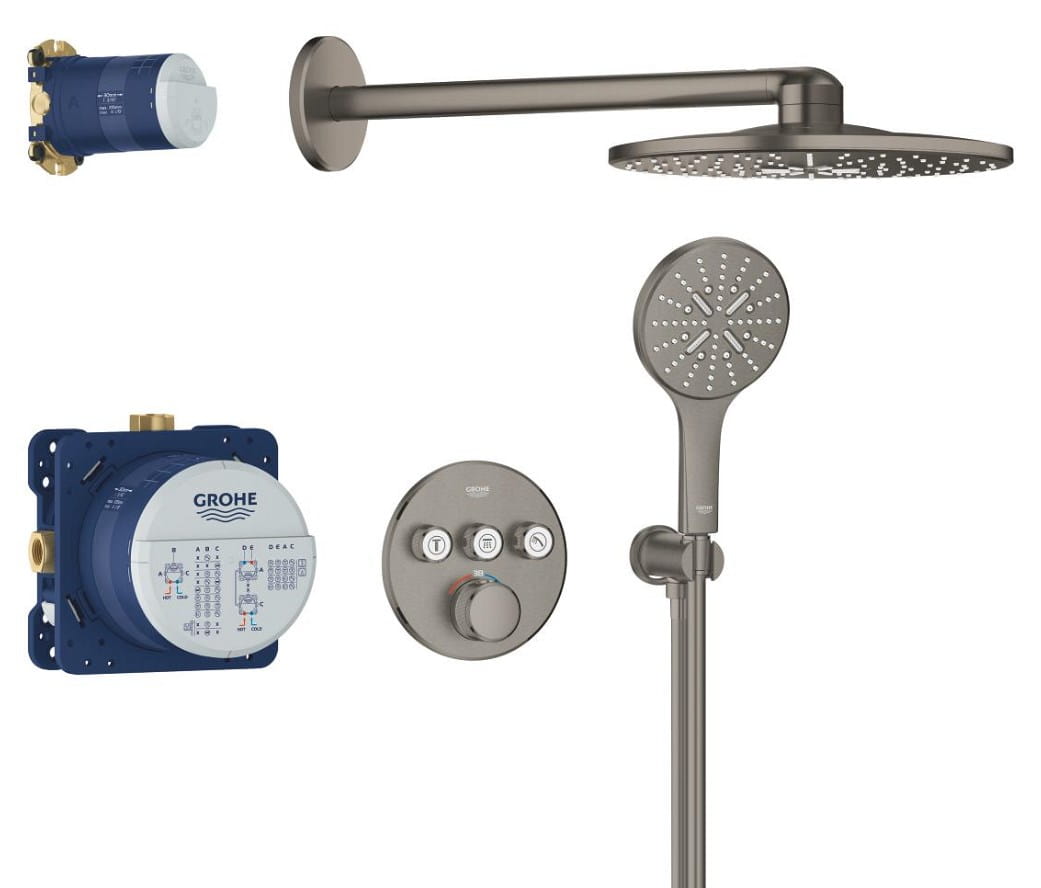 GROHE GROHTHERM SMARTCONTROL sprchový set s podomietkovou termostatickou batériou, horná sprcha, ručná sprcha s 3 prúdmi, hadica, držiak, Water Saving, brúsený hard graphite
