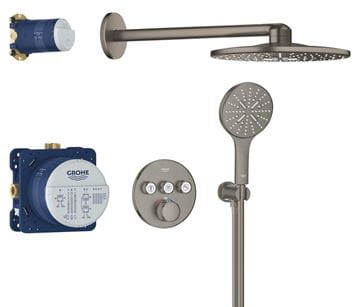 GROHE GROHTHERM SMARTCONTROL sprchový set s podomietkovou termostatickou batériou, horná sprcha, ručná sprcha s 3 prúdmi, hadica, držiak, Water Saving, brúsený hard graphite
