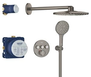 GROHE GROHTHERM SMARTCONTROL sprchový set s podomietkovou termostatickou batériou, horná sprcha, ručná sprcha s 3 prúdmi, hadica, držiak, Water Saving, brúsený hard graphite