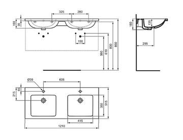 IDEAL STANDARD I.LIFE B dvojumývadlo 121 cm, s 2 otvormi pre batérie a prepadom T460201 Technický nákres