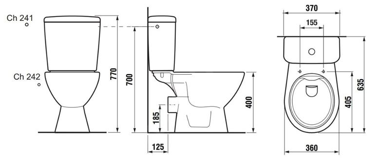 JIKA LYRA PLUS WC kombi, Rimless splachovanie, Dual-Flush, zadný odpad, bočné napúšťanie H8257260002413 Technický nákres