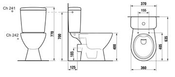 JIKA LYRA PLUS WC kombi, Rimless splachovanie, Dual-Flush, zadný odpad, bočné napúšťanie H8257260002413 Technický nákres