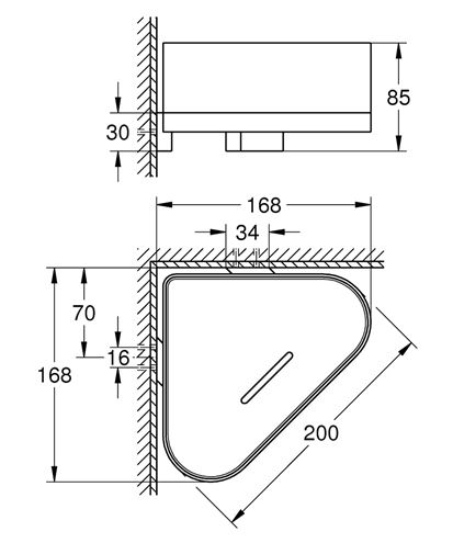 GROHE SELECTION rohová polica, nástenná, chróm 41038000 Technický nákres