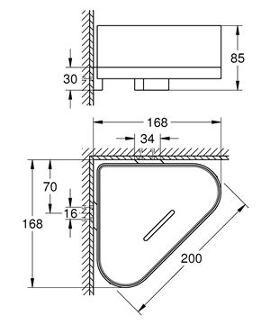 GROHE SELECTION rohová polica, nástenná, chróm 41038000 Technický nákres