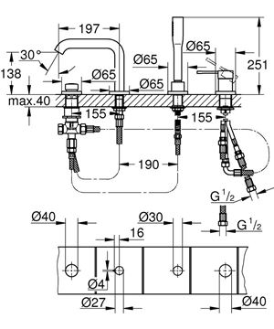 GROHE ESSENCE NEW batéria na okraj vane, 4-otvorová, s prepínačom, so sprchovou súpravou, brúsený warm sunset 19578DL1 Technický nákres