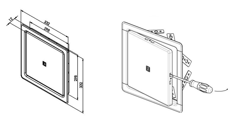 HACO vaňové dvierka 300x300 mm, brúsená nerez oceľ 0123 Technický nákres