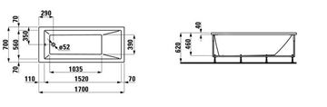 LAUFEN PRE bočný panel k vani 70x57 cm, pravý H2961040000001 Technický nákres
