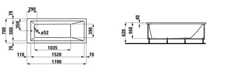 LAUFEN PRE bočný panel k vani 70x57 cm, pravý H2961040000001 Technický nákres