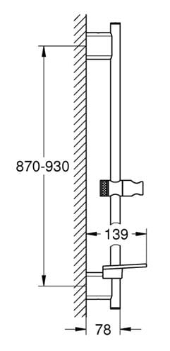 GROHE RAINSHOWER SMARTACTIVE sprchová tyč 930 mm s držiakom ručnej sprchy, polička, hard graphite 26603A00 Technický nákres