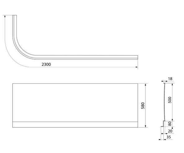 POLYSAN ASTRA čelný panel k vani 165x58 cm, pravý  34812 Technický nákres