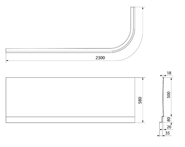 POLYSAN ASTRA čelný panel k vani 165x58 cm, ľavý  33812 Technický nákres