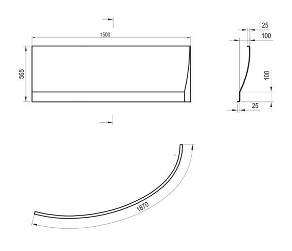 RAVAK AVOCADO 150 P čelný panel k vani 150x56,5 cm, pravý CZS1000A00 Technický nákres