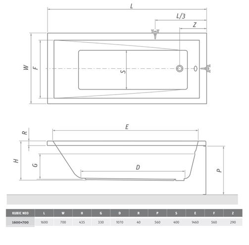 ROTH KUBIC NEO 70 bočný panel k vani 70x56 cm  9300002 Technický nákres