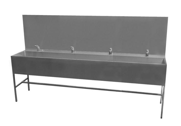 AZP BRNO obojstranný umývací žľab 250 cm, na podlahu, 8 termostatických senzorových batérií, napájanie zo siete, nerez AUL 02.3 Obrázek - Hlavní obrázek