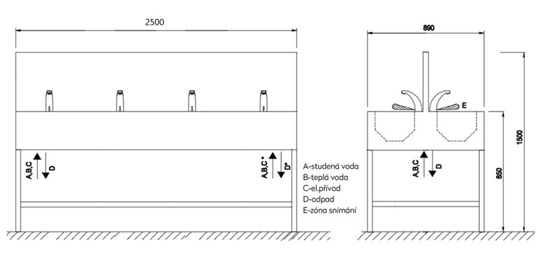 AZP BRNO obojstranný umývací žľab 250 cm, na podlahu, 8 termostatických senzorových batérií, napájanie zo siete, nerez AUL 02.3 Technický nákres