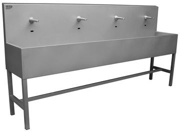 AZP BRNO umývací žľab 250 cm, na podlahu, 4 termostatické senzorové batérie, napájanie zo siete, nerez