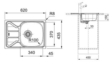 FRANKE FLASH FLN 611-62/44 nerezový drez 620x435 mm, otočný, odkvapkávač 101.0712.180 Technický nákres