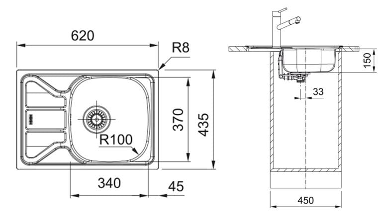 FRANKE FLASH FLN 611-62/44 nerezový drez 620x435 mm, otočný, odkvapkávač 101.0712.180 Technický nákres