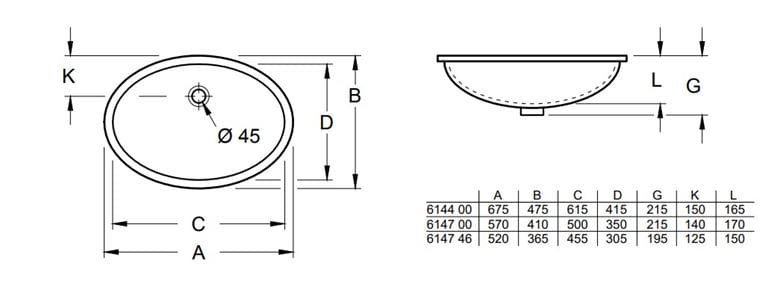 VILLEROY & BOCH EVANA umývadlo 50 cm, s prepadom, alpská biela 61470001 Technický nákres