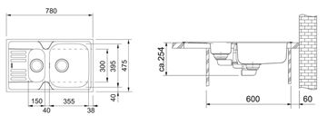 FRANKE EUROFORM EFN 651-78 nerezový drez 780x475 mm, otočný, vanička, odkvapkávač 101.0250.587 Technický nákres
