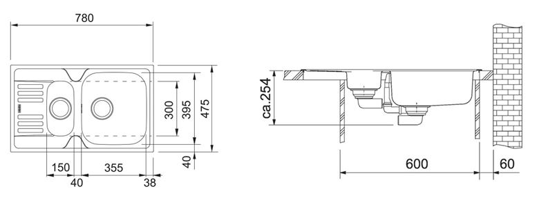 FRANKE EUROFORM EFN 651-78 nerezový drez 780x475 mm, otočný, vanička, odkvapkávač 101.0250.587 Technický nákres