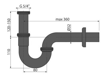 ALCA designový sifón k umývadlu DN32, s prevlečnou maticou 5/4, matná čierna A4320BLACK Technický nákres