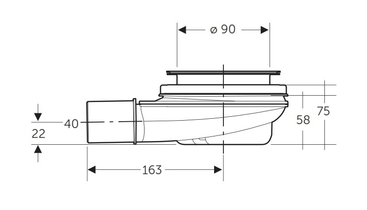 KLUDI nízky vaničkový sifón pr. 90 mm, bez krytky 2109000-00 Technický nákres