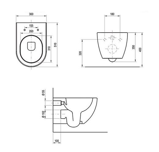RAVAK UNI CHROME závesné WC, RimOff splachovanie, čierna  X01794 Technický nákres