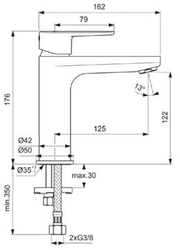 IDEAL STANDARD CERAFINE O umývadlová stojanková batéria, chróm BD131SI Technický nákres