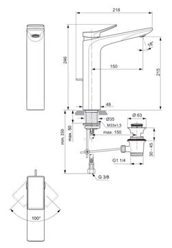 IDEAL STANDARD CONCA umývadlová stojanková batéria, s odtokovou súpravou, šedá BC757A5 Technický nákres