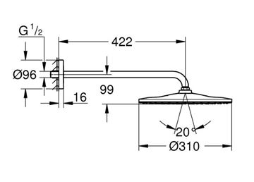 GROHE RAINSHOWER MONO 310 horná sprcha pr. 310 mm, s ramenom, Water Saving, supersteel 26558DC0 Technický nákres