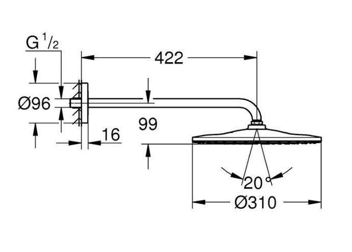 GROHE RAINSHOWER MONO 310 horná sprcha pr. 310 mm, s ramenom, Water Saving, brúsený cool sunrise 26558GN0 Technický nákres