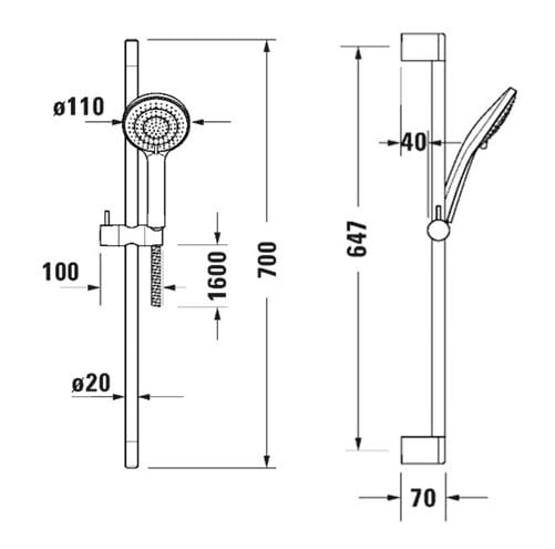 DURAVIT sprchová súprava 3-dielna, ručná sprcha pr. 110 mm, 3 prúdy, tyč, hadica, chróm UV0680002010 Technický nákres