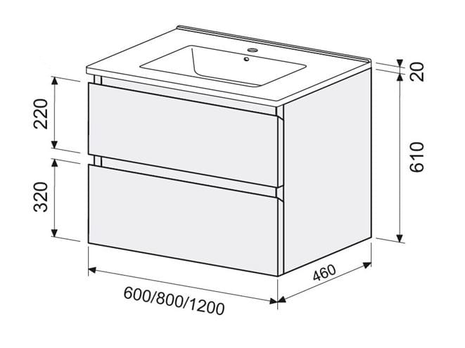 INTEDOOR BARI skrinka pod umývadlo 60x46x61 cm, 2 zásuvky, cotto mat BA602ZA9556 Technický nákres
