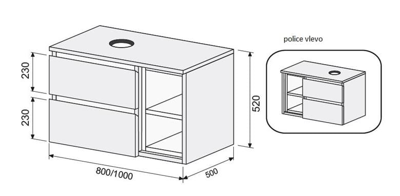 INTEDOOR BARI skrinka pod umývadlo 100x50x52 cm, 2 zásuvky, 2 police, lesklá biela BAD1002ZNLA0016/A02 Technický nákres