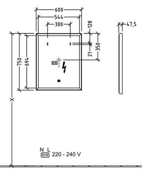 VILLEROY & BOCH SUBWAY 3.0 zrkadlo 60x75 cm, s osvetlením, s reguláciou stmievania a teploty svetla, so senzorom A4636000 Technický nákres