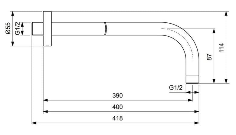 IDEAL STANDARD IDEALRAIN sprchové rameno 400 mm, nástenné, rosé B9445RO Technický nákres