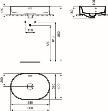 IDEAL STANDARD STRADA II umývadlo na dosku 60 cm, s prepadom T360401 Technický nákres
