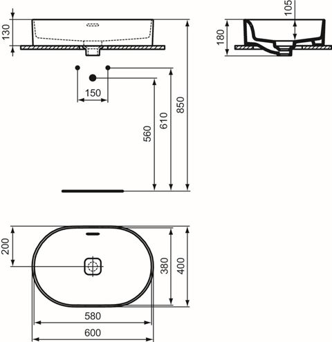 IDEAL STANDARD STRADA II umývadlo na dosku 60 cm, s prepadom T360401 Technický nákres